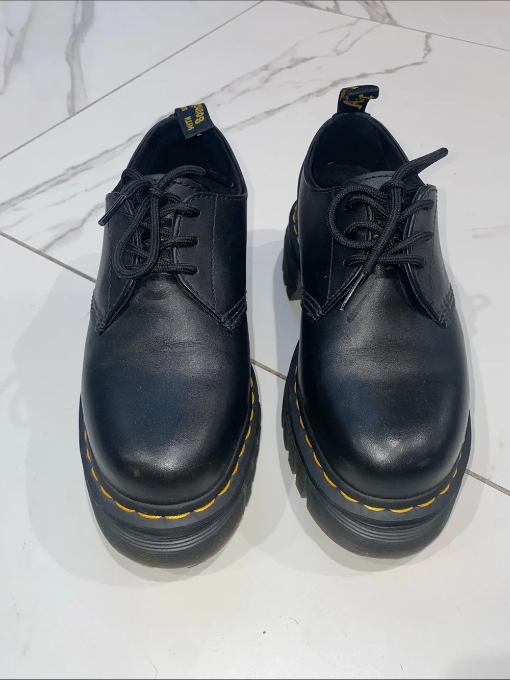 Dr. Martens Black Leather Chunky Platform Lace-Up Shoes with Yellow Stitching